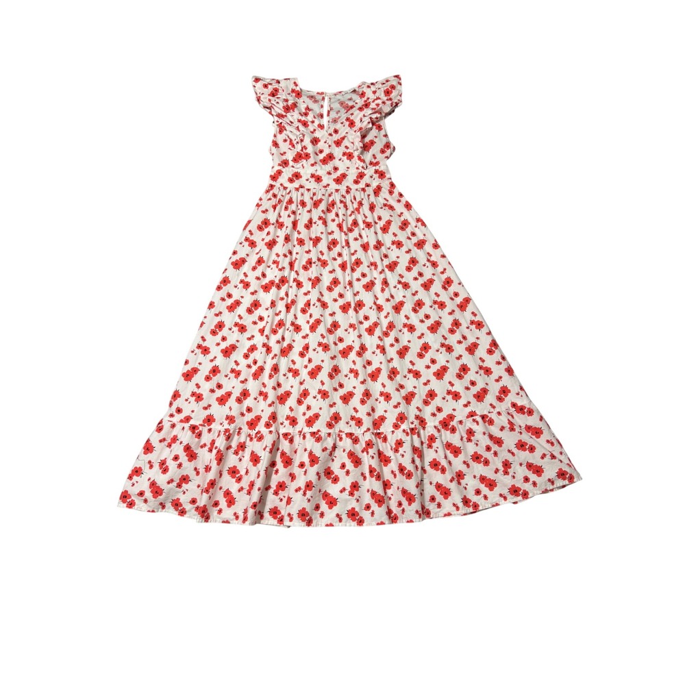Karlie Red White Poppy Floral Ruffle Maxi Dress Flutter Sleeve Large Cottagecore